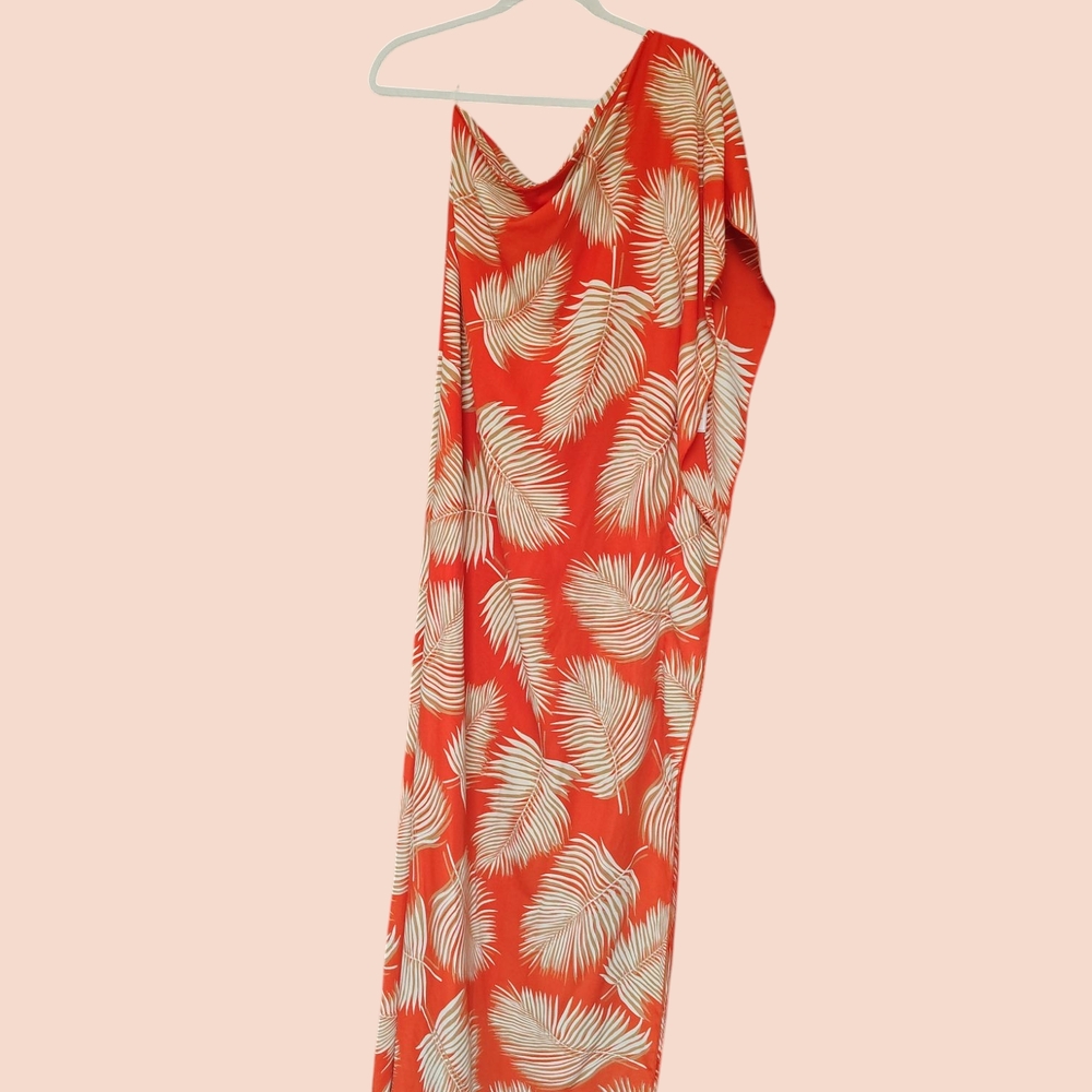 Elegant Red Leaf Print One Shoulder Dress